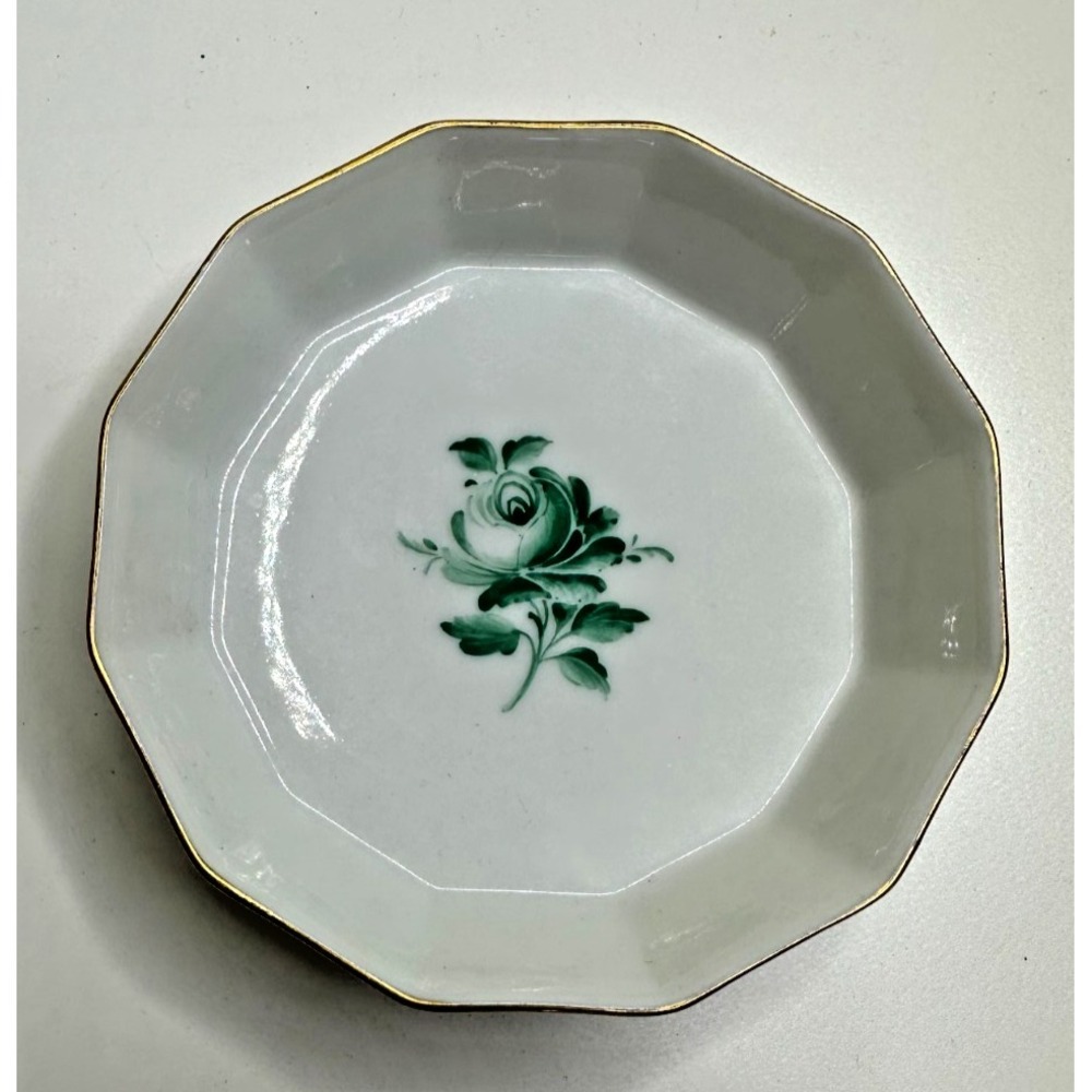 Vtg Nyphenberg Porcelain trinket dish Green Flower Gold Rim Numbered Germany